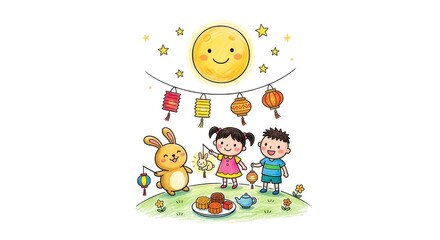Naklejka premium Cute Kids Celebrating Mid Autumn Festival with Rabbit and Lantern Illustration