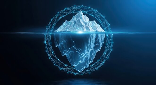 Glowing blue digital iceberg icon with wireframe circle design illustration