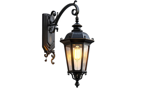 Ornate black metal outdoor wall lantern with glowing light bulb