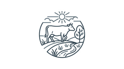 Circular line art of a cow grazing in rural landscape. © sobah