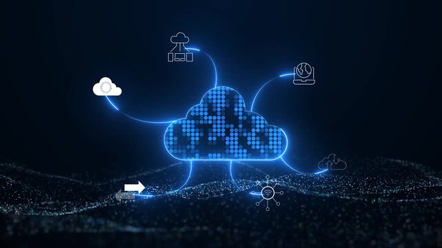 Worldwide database server virtualization and cloud computing hosting concept with global data infrastructure, cloud storage, and digital network technology.