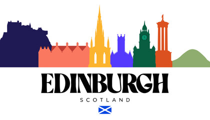 Obraz premium Vector illustration of Edinburgh skyline in colorful silhouette, with “EDINBURGH” text, on white background, modern city identity and tourism design