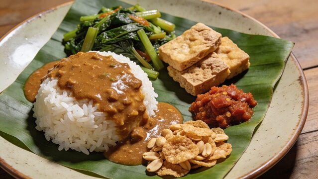 Indonesian nasi pecel rice topped with peanut sauce, served with boiled vegetables, fried tofu, sambal, and crackers on a banana leaf, traditional food close up