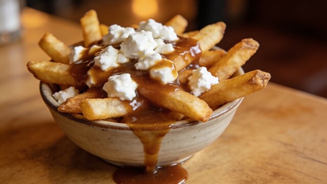 Canadian poutine served in a ceramic bowl, crispy French fries topped with cheese curds and rich brown gravy sauce, popular comfort fast food close up