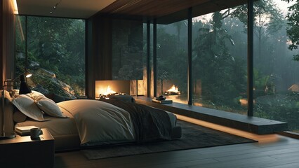 Naklejka premium Modern minimalist bedroom with large glass windows and warm fireplace