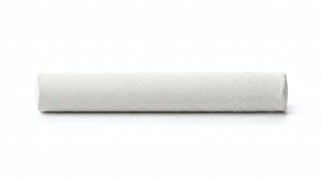 Single white chalk stick isolated on a clean white background with subtle shadow and texture detail