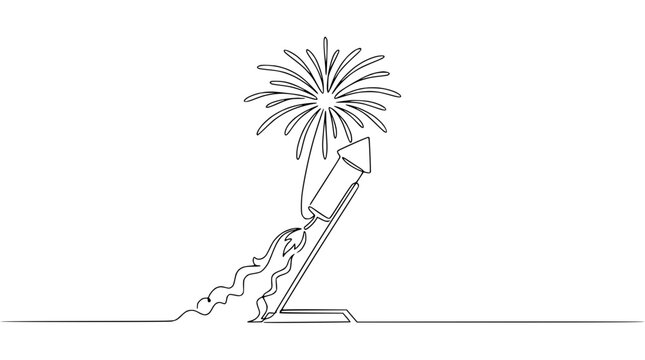 Single line drawing of a firework rocket launching into the night sky, celebrating event