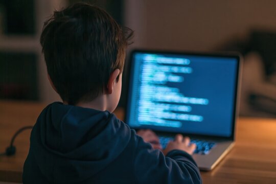Boy child student learning coding on a laptop computer in a dark night environment