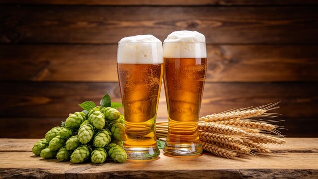 Two glasses of beer with hops and wheat