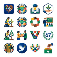 Fototapeta premium Nelson Mandela Day Community Development and Social Impact Icons Featuring Education Equality and Volunteerism