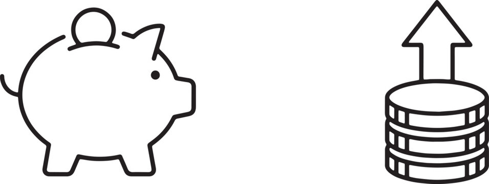 Print, Coin piggy bank and upward financial arrow elevating coin stack line icons for compounding interest savings accounts and capital investment growth