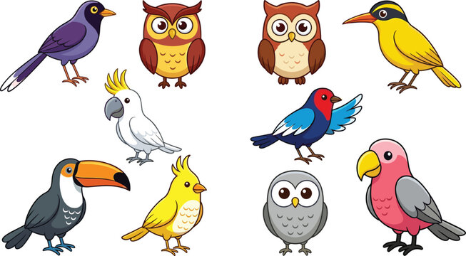 Cartoon Birds Set &ndash; Owl, Toucan, Cockatoo, Parrot, Finch and Tropical Bird Cute Animal Clipart Collection