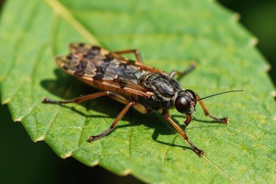 Close-up macro photo of Mecoptera scorpionfly insect with patterned wings resting on bright green leaf. Small arthropod shows antennae legs and large compound eyes in sunlight. Wild nature detail.