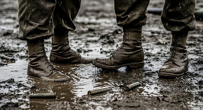 A close-up of two pairs of muddy boots standing in a puddle