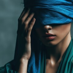 Fototapeta premium Close-up portrait of a person wearing a vibrant blue fabric blindfold, their hand gently touching their temple, set against a muted teal with lighting