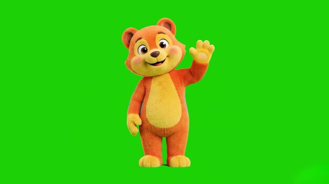 A friendly 3D animated orange bear character with a yellow belly smiling and waving its hand. The cute plush puppet asset is completely isolated on a green screen for video production.