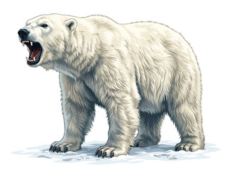 Fototapeta premium A powerful polar bear standing on ice with its mouth open in a roar.