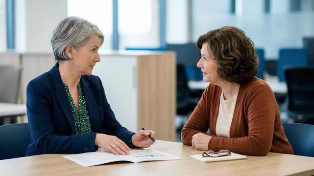 Medium shot of a pension advisor calmly explaining benefit calculations to a client across a mediation table with the office space blurred behind them.