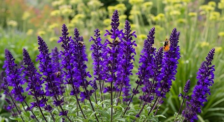 Obraz premium A close-up of vibrant purple flowers in a lush garden with blurred greenery and yellow blooms