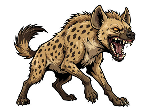Aggressive spotted hyena illustration with bared teeth and glowing eyes.