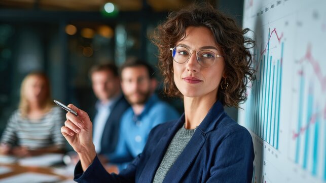 Confident woman with curly brown hair and glasses leading a business meeting presentation