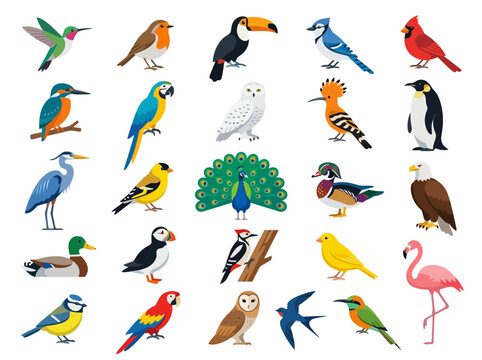 A diverse collection of colorful bird species illustrated in a flat vector style.