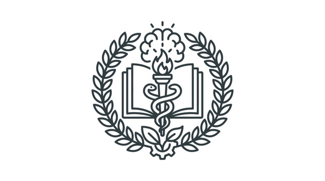 Academic medical crest with brain and caduceus symbol.