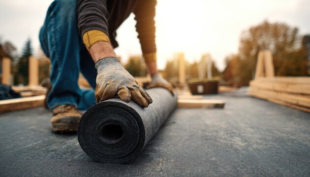 Construction worker wearing protective gloves unrolls a dark grey waterproofing membrane roll on a flat roof deck during an outdoor building project