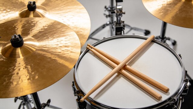 Drum set with cymbals and drumsticks