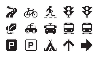 Fototapeta premium Pixel icons for road transport people parking and signs vector collection.