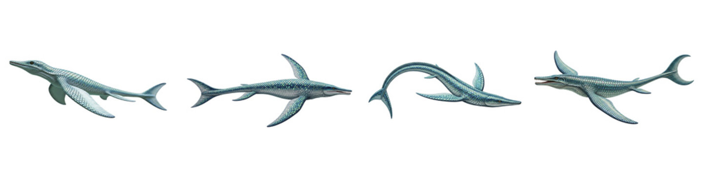 Four different poses of a mosasaurus marine reptile on black background