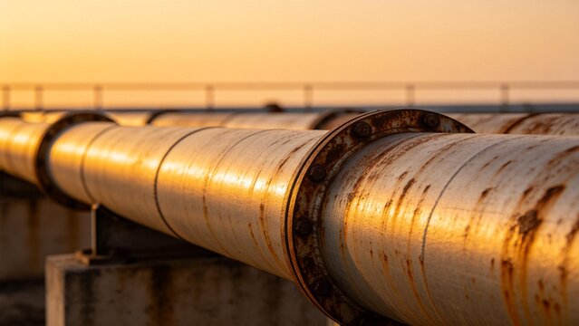 Rusty industrial pipes at sunset