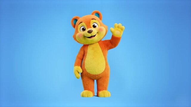 A joyful 3D animated orange and yellow cartoon teddy bear character waving its hand in front of a solid light blue studio background. Tailored for commercial branding, kids' entertainment shows, and p