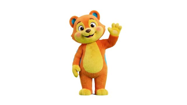 A cheerful, friendly 3D cartoon orange and yellow teddy bear character waving its hand happily against a clean white background. This adorable mascot asset is perfect for preschool branding, children'