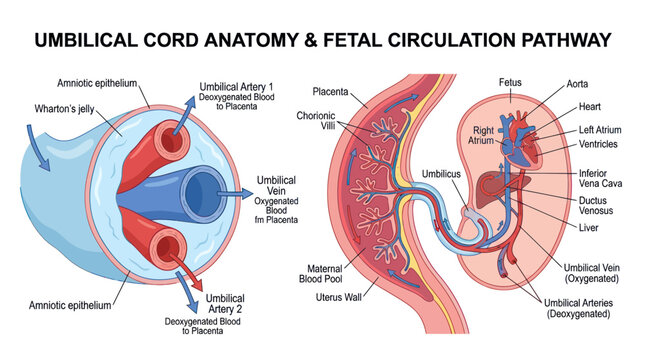 Umbilical Cord Anatomy and Fetal Circulation Pathway Diagram
