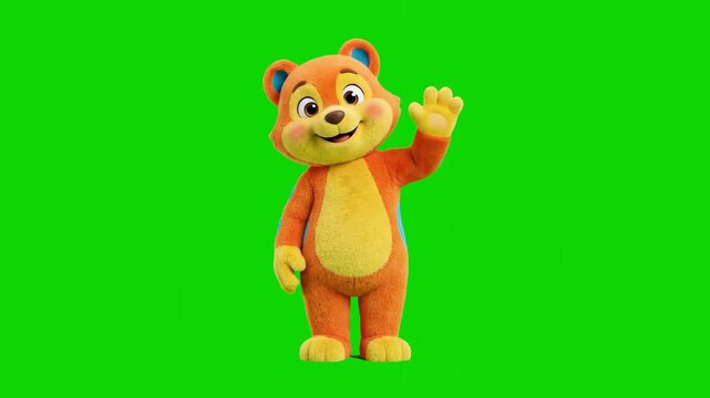A friendly orange teddy bear mascot character with blue inner ears waves its hand happily on a chroma key background. This loopable 3D character asset is perfectly suited for children's shows, educati