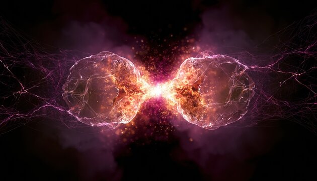 Abstract glowing brain-like nebula energy with heart-shaped orbs