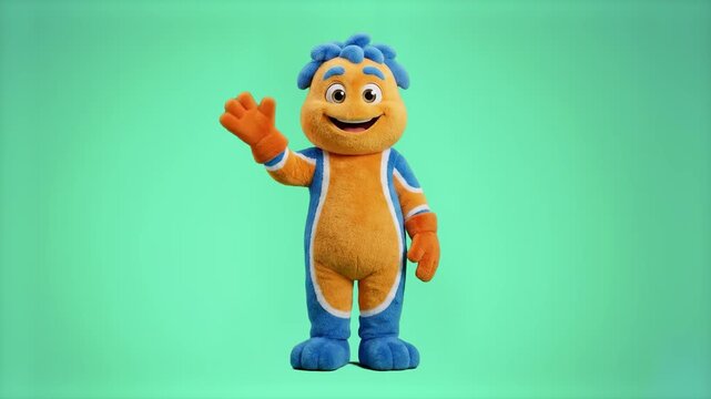 A cheerful 3D animated plush mascot character with orange and blue textured fur waving a friendly greeting. The cute stylized character performs on a solid light turquoise studio backdrop.