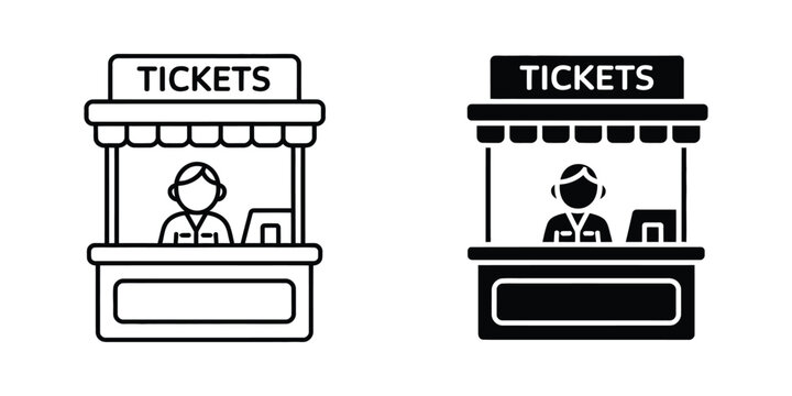 Two ticket booths with people, one in black and white, and the other in black, queueing at service counters, customer service concept, vector illustration, isolated background.