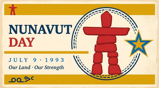 Nunavut Day Vintage Parchment Badge Inukshuk North Star Territory Map Horizontal Banner  for July 9 1993 Canada Inuit Heritage Holiday