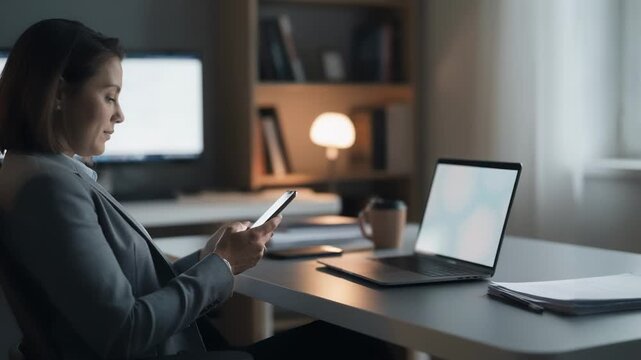 Remote health plan coordinator focused on a smartphone displaying claim summaries the blurred home office setting enhances the virtual teamwork aspect of selffunded plan