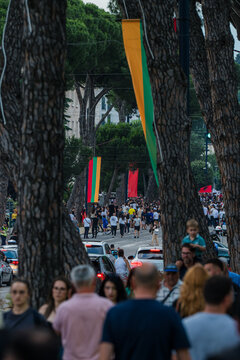 Tirana, Albania - 03 June 2026: View of a large crowd of people gathered for a protest on a tree-lined street with colorful banners hanging from the trunks.