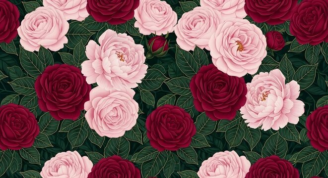 Seamless pattern of pink and dark red roses with green leaves