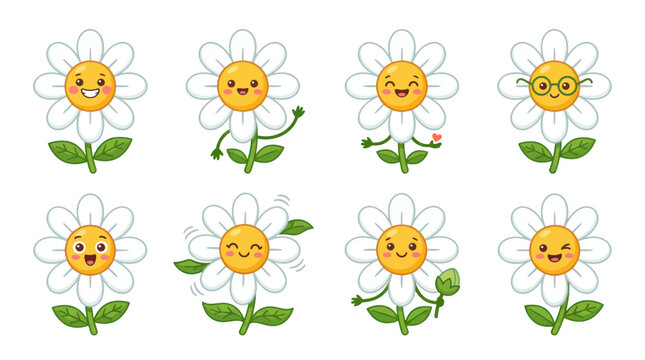 Cute Cartoon Daisy Flowers with Happy Faces and Various Poses