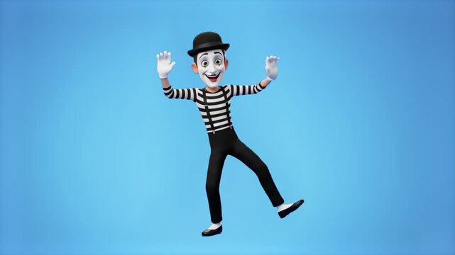 A detailed 3D animated mime character in a bowler hat and striped clothes performing a dynamic dance step. The entertainer moves rhythmically with widespread arms against a solid blue backdrop.