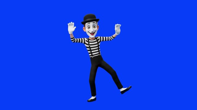 A 3D styled male mime artist wearing a traditional black and white striped outfit performs a silent pantomime act against a dark blue backdrop. This high-quality character loop is perfect for video tr