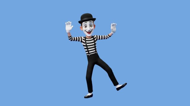 A 3D animated male mime character wearing a striped shirt, suspenders, and bowler hat gestures and poses against a solid light blue background. This loopable performance is suitable for creative adver