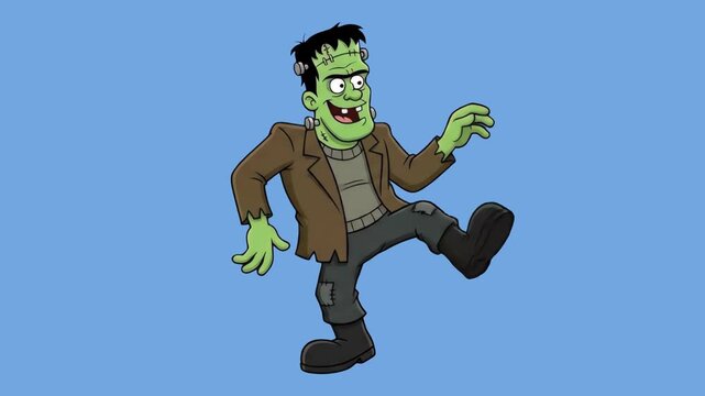 A cheerful 2D animated Frankenstein monster cartoon character dances joyfully by kicking his legs against a solid light blue background. This fun, loopable sequence is optimized for kids' animated ser