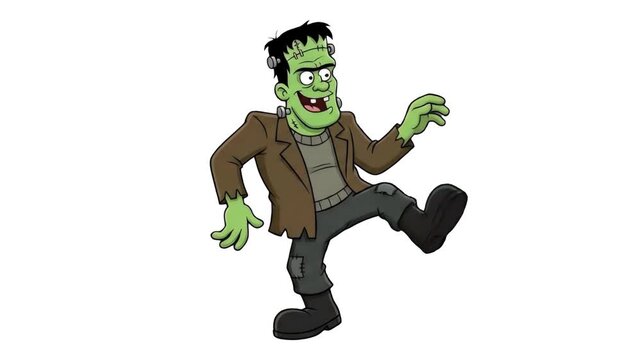 A cheerful 2D animated Frankenstein monster cartoon character dances happily, kicking his legs and grooving against a clean white backdrop. This fun, loopable character animation is ideal for lighthea