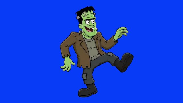 A friendly green Frankenstein monster cartoon character dances joyfully by kicking his legs against a solid blue backdrop. This loopable 2D animation is designed for fun Halloween celebrations, kids' 
